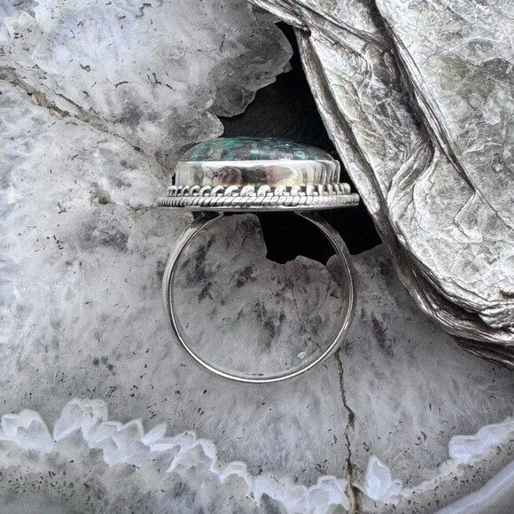 Sterling Silver Southwestern Style Oval Azurite Decorated Ring Size 7 For Women - Picture 8 of 10